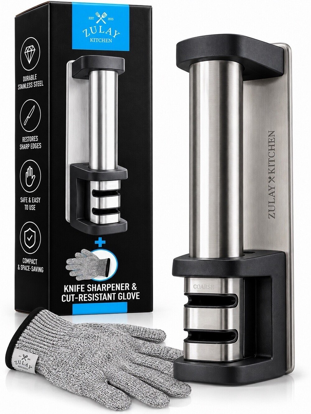 🔪 Zulay Kitchen Knife Sharpener + Cut-Resistant Glove – Stainless Steel